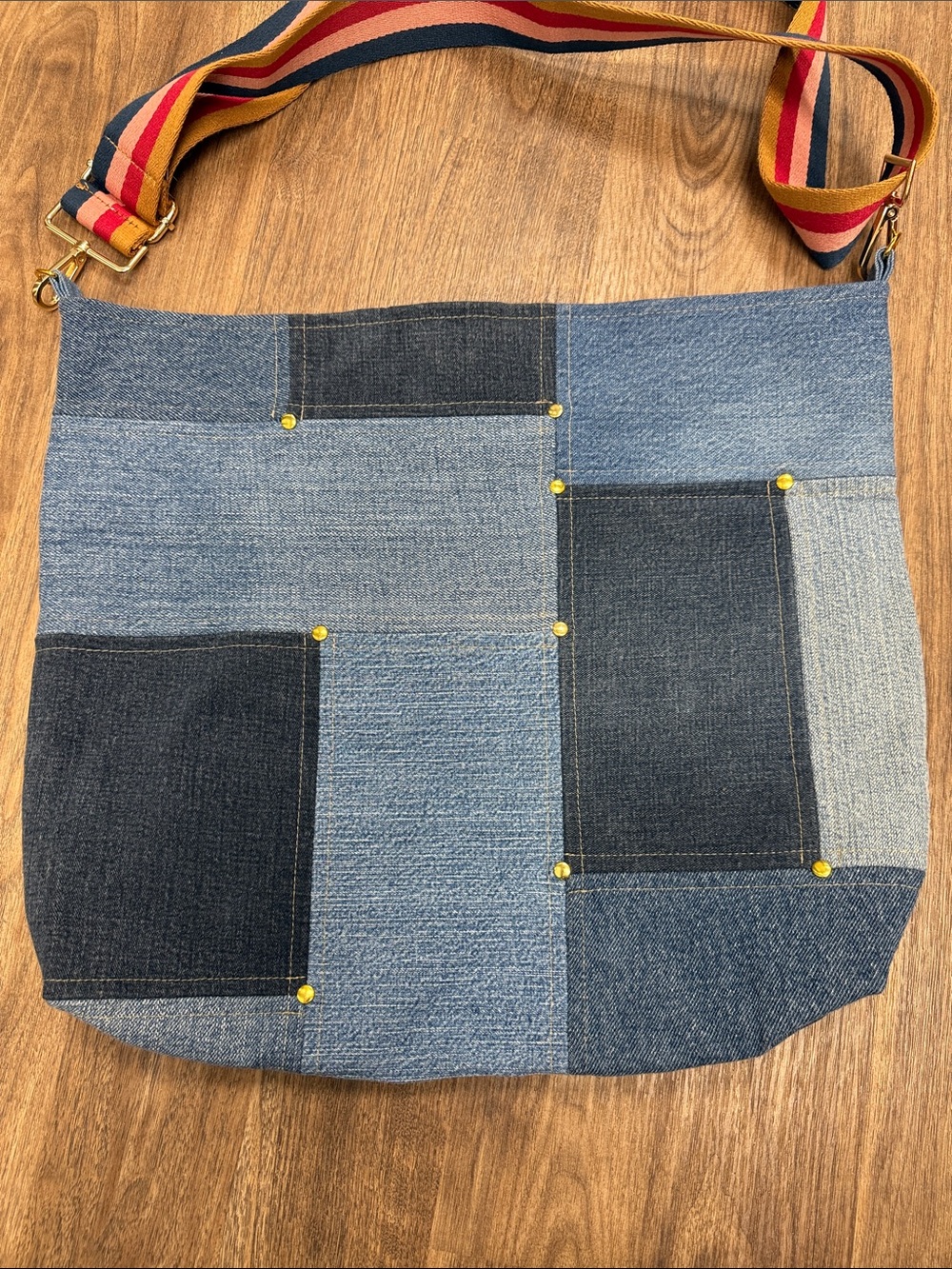 NWOT Denim Patchwork Hobo Bag with Striped Strap - Blue and Red - Picture 7 of 7